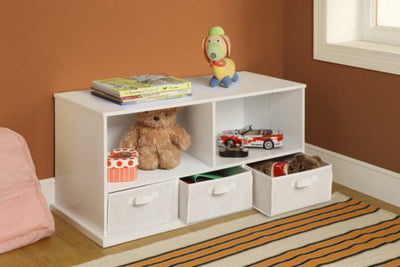 Stackable Shelf Storage Cubby with Three Baskets – Durable and space-saving organizer for toys, books, and essentials, perfect for kids' rooms and play areas – MonkeyBunks.com.