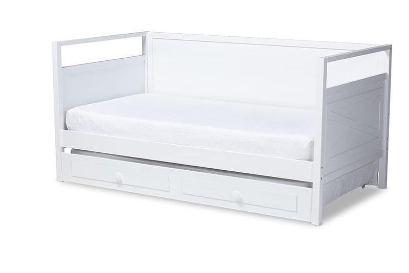 Cintia Cottage Farmhouse White Finished Wood Twin Size Daybed with Trundle