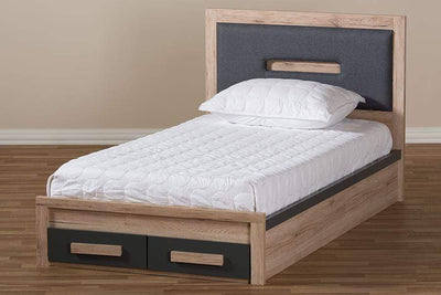 Pandora Modern and Contemporary Dark Grey and Light Brown Two-Tone 2-Drawer Twin Size Storage Platform Bed