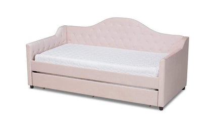 Perry Modern and Contemporary Light Pink Velvet Fabric Upholstered and Button Tufted Twin Size Daybed with Trundle