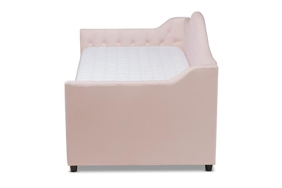 Perry Modern and Contemporary Light Pink Velvet Fabric Upholstered and Button Tufted Twin Size Daybed with Trundle