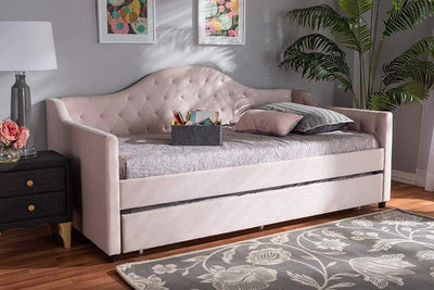 Perry Modern and Contemporary Light Pink Velvet Fabric Upholstered and Button Tufted Twin Size Daybed with Trundle