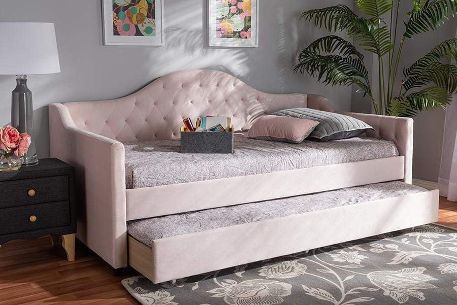 Perry Modern and Contemporary Light Pink Velvet Fabric Upholstered and Button Tufted Twin Size Daybed with Trundle