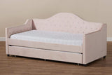 Perry Modern and Contemporary Light Pink Velvet Fabric Upholstered and Button Tufted Twin Size Daybed with Trundle