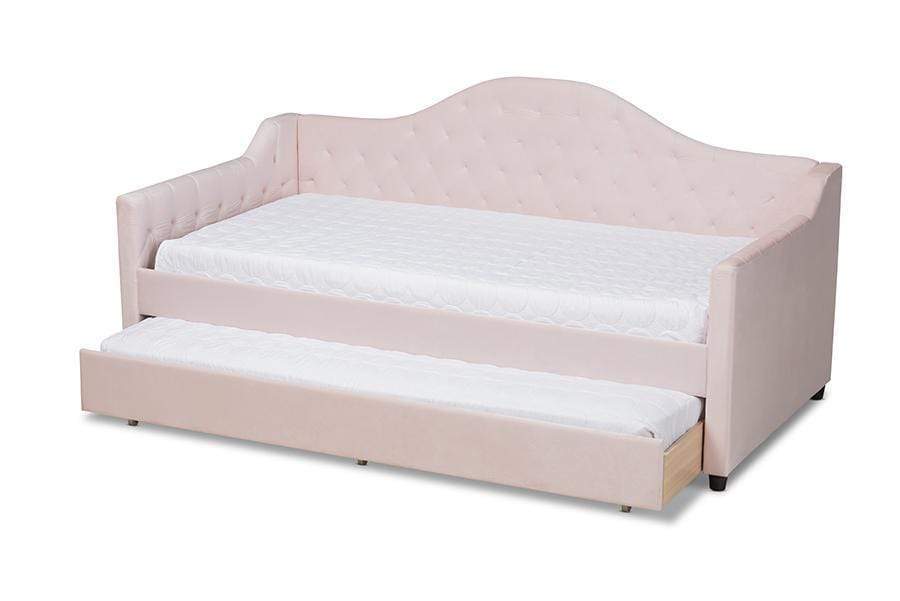 Perry Modern and Contemporary Light Pink Velvet Fabric Upholstered and Button Tufted Twin Size Daybed with Trundle