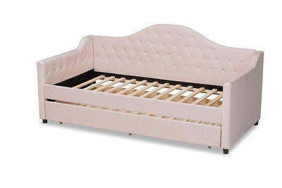 Perry Modern and Contemporary Light Pink Velvet Fabric Upholstered and Button Tufted Twin Size Daybed with Trundle