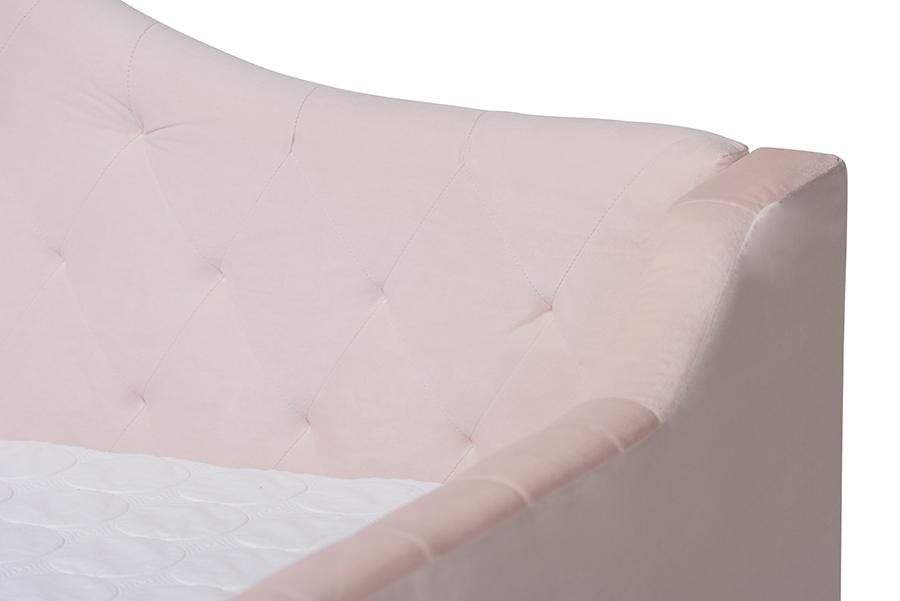 Perry Modern and Contemporary Light Pink Velvet Fabric Upholstered and Button Tufted Twin Size Daybed with Trundle