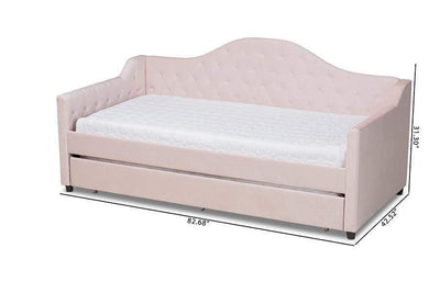 Perry Modern and Contemporary Light Pink Velvet Fabric Upholstered and Button Tufted Twin Size Daybed with Trundle