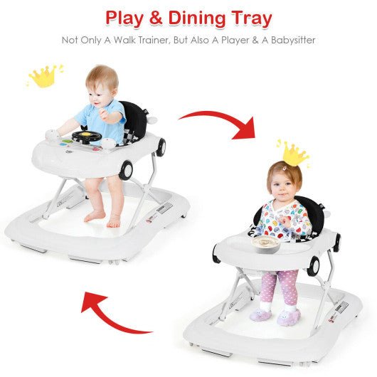 2-in-1 Foldable Baby Walker in White with Built-In Music Player and Lights – Adjustable and Compact Design for Infants