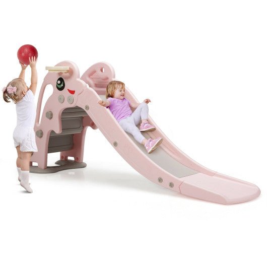 3-in-1 Kids Climber Slide Play Set  with Basketball Hoop and Ball-Pink