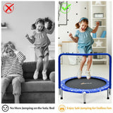 36 Inch Kids Trampoline Mini Rebounder – Safe and fun indoor trampoline with a fully covered handrail for stability, perfect for active play – Blue – MonkeyBunks.com.