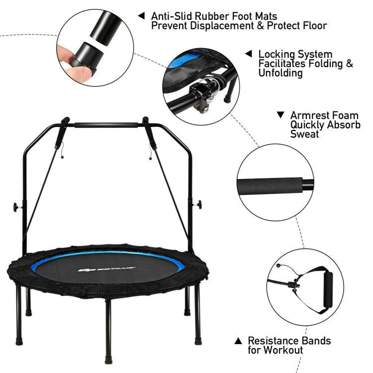 40 Inch Foldable Fitness Rebounder with Resistance Bands Adjustable Home-Blue