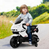 6V Kids Ride-On Motorbike – White electric motorcycle with training wheels and built-in music for safe and exciting rides – MonkeyBunks.com.