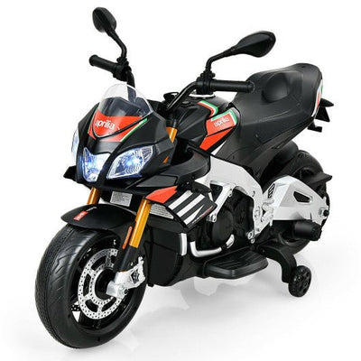 Aprilia Licensed Electric Toddler Ride-On Motorbike with Training Wheels and LED Lights-Black