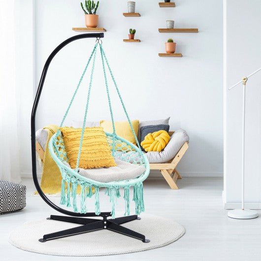 Hanging Macrame Hammock Chair with Handwoven Cotton Backrest-Turquoise