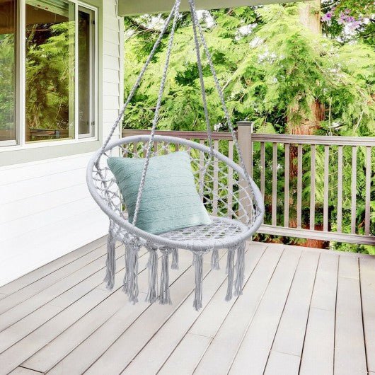 Hanging Macrame Hammock Chair with Handwoven Cotton Backrest-White