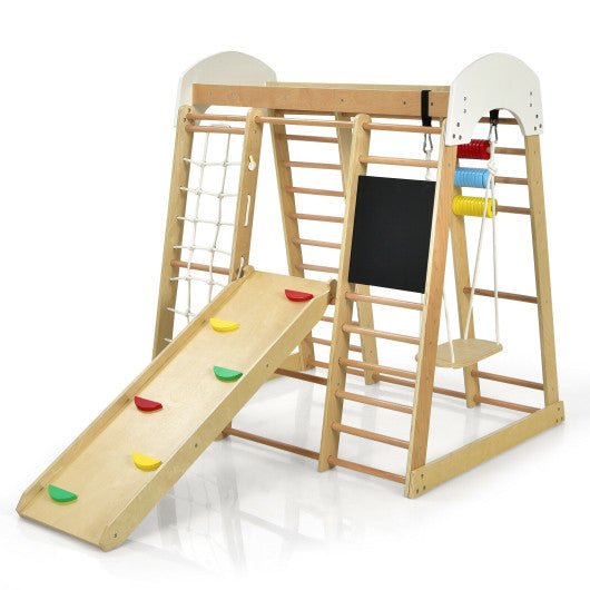 Indoor Playground Climbing Gym Wooden 8 in 1 Climber Playset for Children-Natural