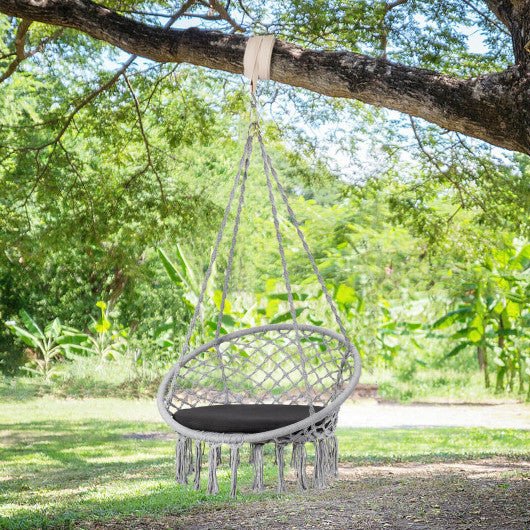 Macrame Cushioned Hanging Swing Hammock Chair-Gray