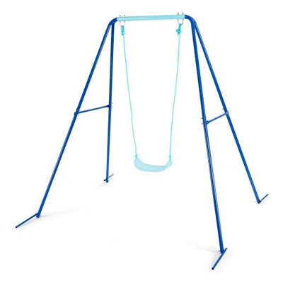 Outdoor Kids Swing Set with Heavy Duty Metal A-Frame and Ground Stakes-Blue