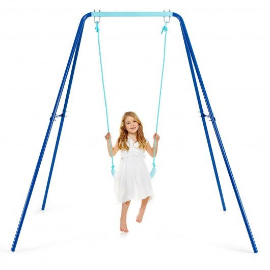 Outdoor Kids Swing Set with Heavy Duty Metal A-Frame and Ground Stakes-Blue