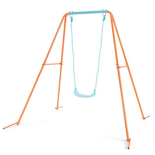 Outdoor Kids Swing Set with Heavy Duty Metal A-Frame and Ground Stakes-Orange