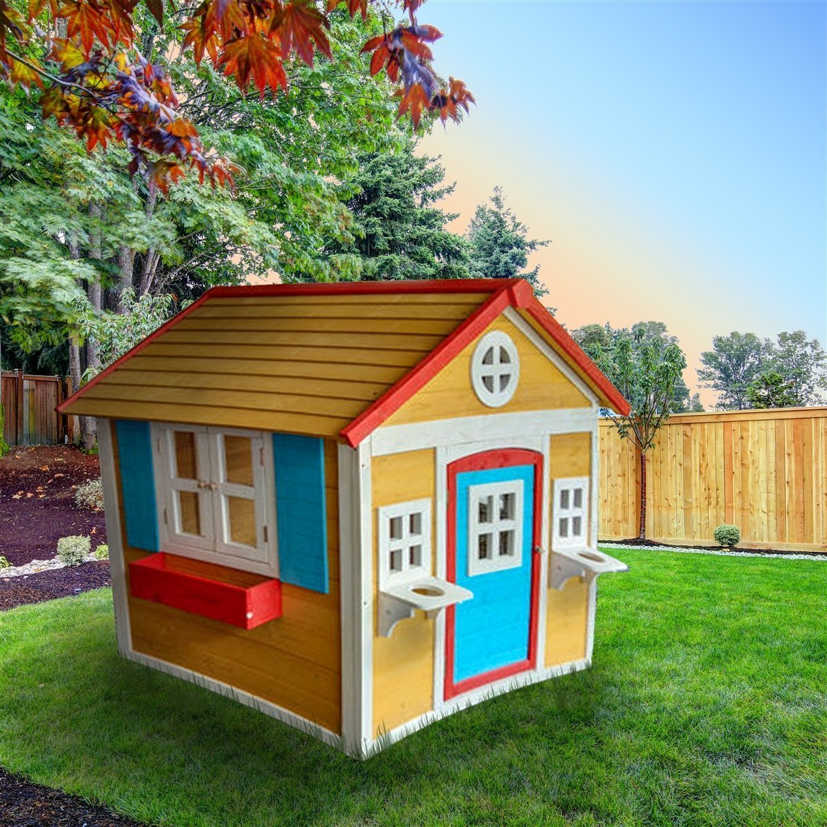 Traditional Outdoor Wooden Playhouse with Door, Windows, Serving Station, and Flower Pot Sills