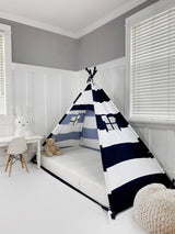 Play Tent Canopy Bed in Navy Blue and White Stripe Canvas