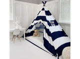 Play Tent Canopy Bed in Navy Blue and White Stripe Canvas WITH Doors