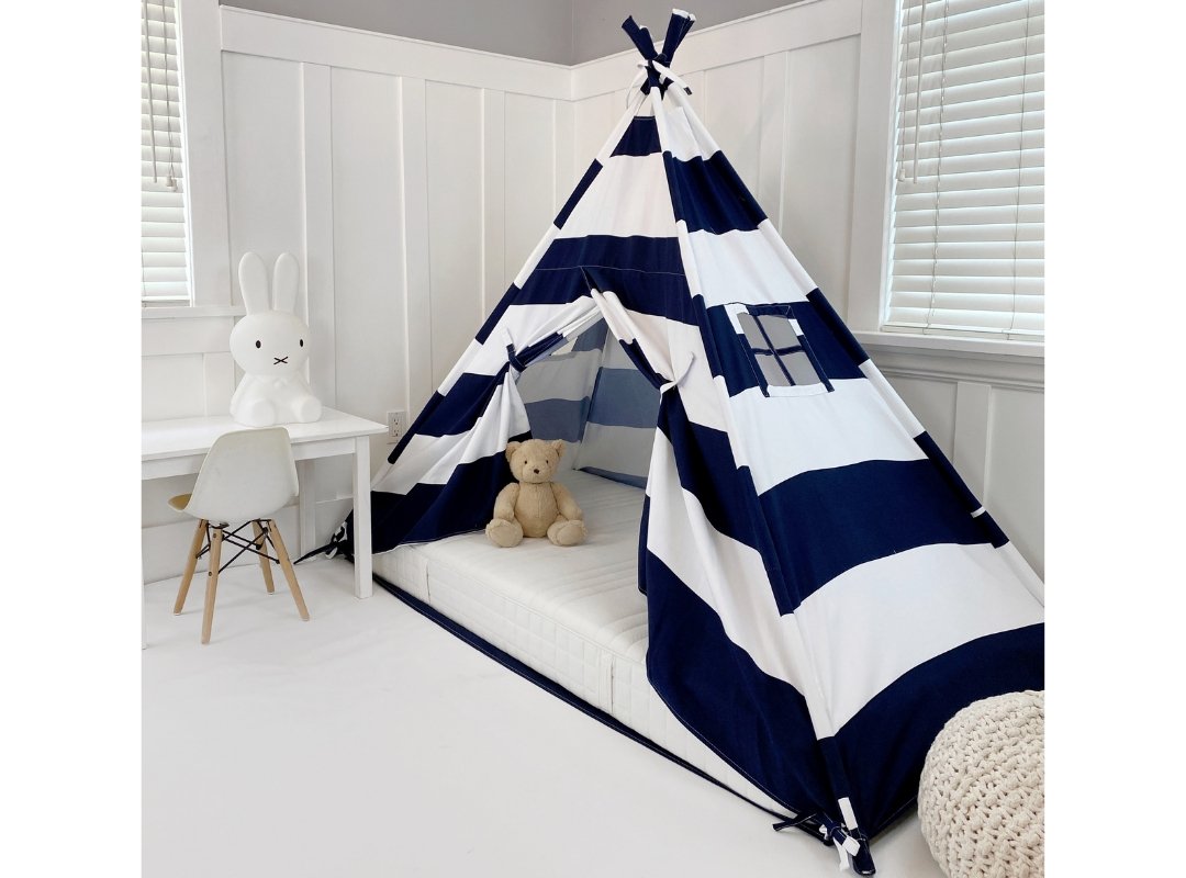bedroom tent canopy Play Tent Canopy Bed in Navy Blue and White Stripe Canvas With Doors