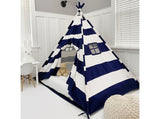 Play Tent Canopy Bed in Navy Blue and White Stripe Canvas WITH Doors