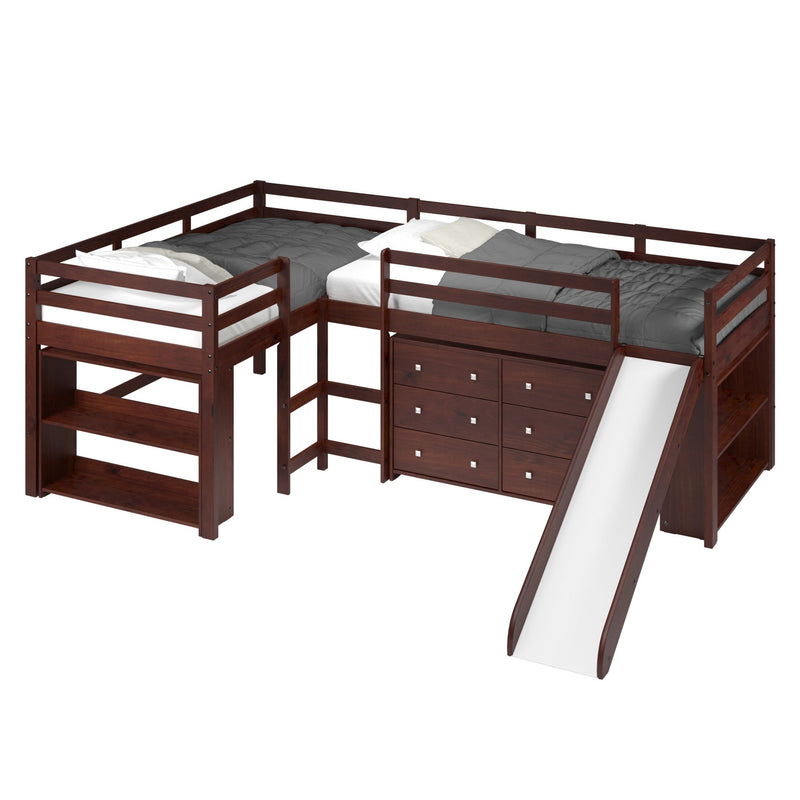 L-shape Double Twin Loft Bed In Dark Cappuccino Finish