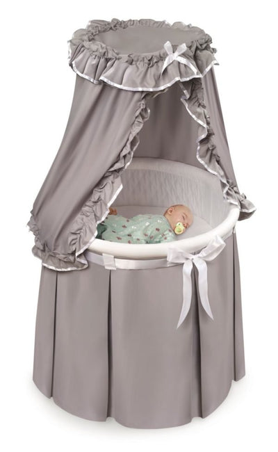 Gray Empress Round Baby Bassinet with Canopy – Elegant and cozy bassinet with a charming canopy for a dreamy nursery – MonkeyBunks.com.