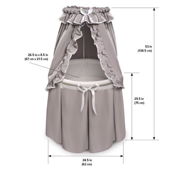 Gray Empress Round Baby Bassinet with Canopy – Elegant and cozy bassinet with a charming canopy for a dreamy nursery – MonkeyBunks.com.