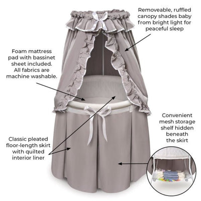 Gray Empress Round Baby Bassinet with Canopy – Elegant and cozy bassinet with a charming canopy for a dreamy nursery – MonkeyBunks.com.