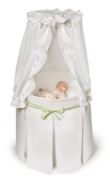 White Empress Round Baby Bassinet with Canopy – Elegant and cozy bassinet with a charming canopy for a dreamy nursery – MonkeyBunks.com.