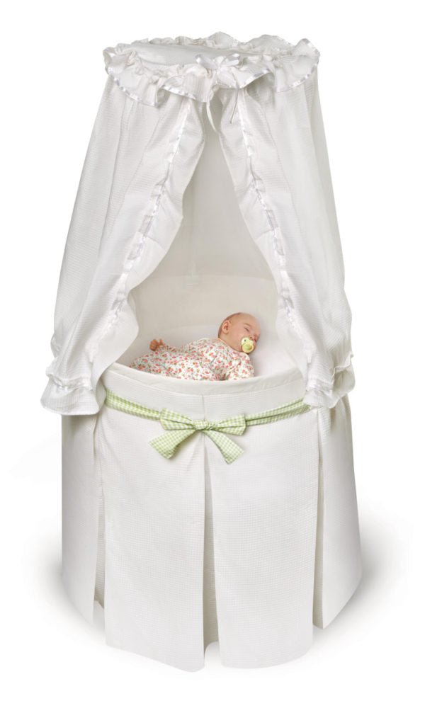 White Empress Round Baby Bassinet with Canopy – Elegant and cozy bassinet with a charming canopy for a dreamy nursery – MonkeyBunks.com.