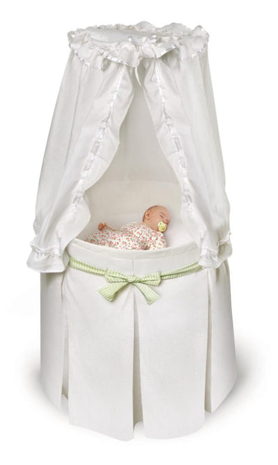 White Empress Round Baby Bassinet with Canopy – Elegant and cozy bassinet with a charming canopy for a dreamy nursery – MonkeyBunks.com.