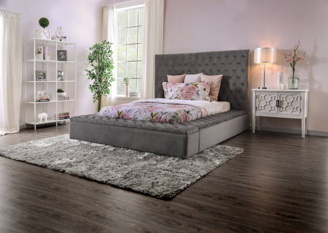 Furniture of America Bonnee Transitional Tufted Queen Platform Bed #color Gray)