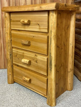 A brown Alpine 4-drawer chest made of hand-peeled cedar with a solid wood frame.