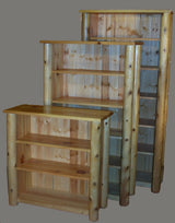 Rustic cedar log adjustable bookshelf with customizable shelves and wood finish.