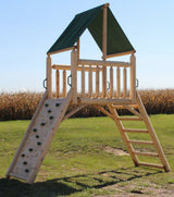 Rustic wooden playground tower featuring the Cedar Peak log design for outdoor adventure.