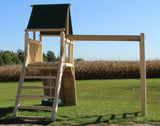 Rustic wooden playground with slide, monkey bars, and tire swing for active outdoor play.