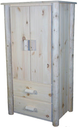 Frontier cedar log 2-drawer armoire with natural wood finish and rustic handcrafted design for cabin or lodge bedrooms