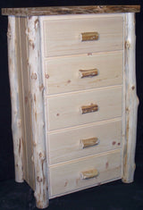 Frontier hand-peeled cedar log 5 drawer chest with rustic log construction, natural wood finish, and handcrafted design for cabin-style storage