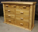 Grizzly Ridge Hand Peeled Log 9 Drawer Dresser – Rustic, handcrafted wooden dresser with ample storage and a classic cabin-style design – MonkeyBunks.com.
