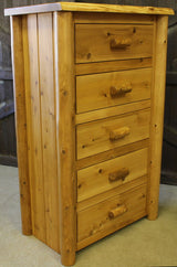 Hand hewn cedar log 5 drawer chest – hand carved rustic wooden bedroom drawers