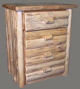 Rustic wooden bedroom storage with hand peeled cedar chest drawers