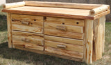 Hand-peeled cedar log 4 drawer deacons bench with rustic design, natural wood finish, and built-in storage drawers for entryway or cabin décor