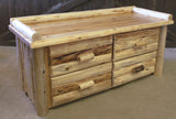Hand-peeled cedar log 4 drawer deacons bench with rustic design, natural wood finish, and built-in storage drawers for entryway or cabin décor