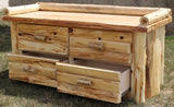 Hand-peeled cedar log 4 drawer deacons bench with rustic design, natural wood finish, and built-in storage drawers for entryway or cabin décor